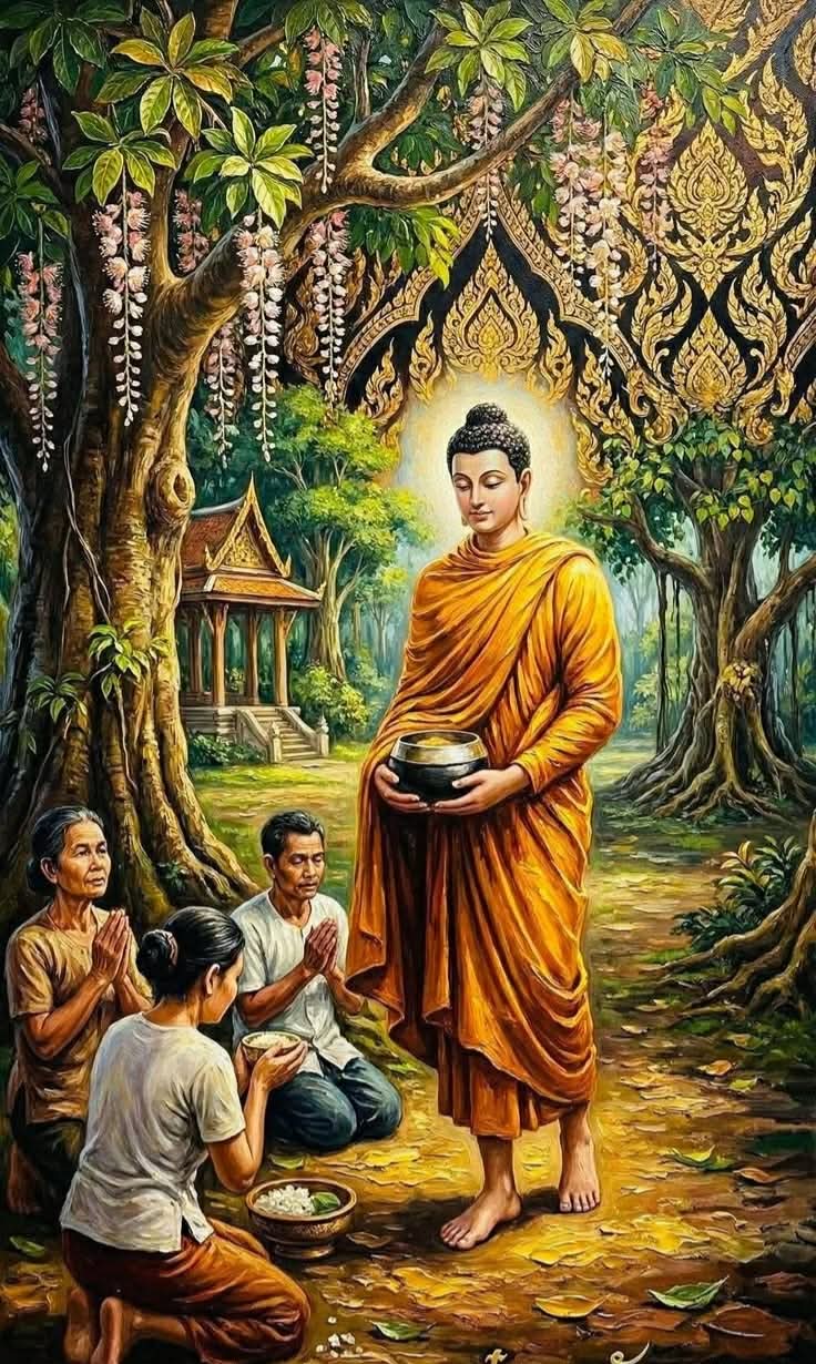 Đức Phật khất thực, cư sĩ cúng dường vật thực