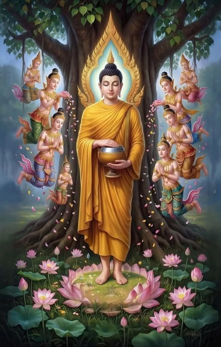 Chư thiên cúng dường vật thực vào bình bát Đức Phật